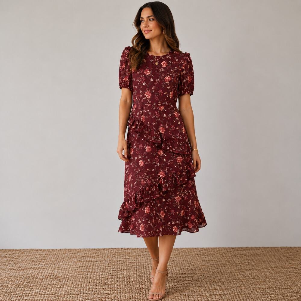 Moon River Midi Dress Floral Ruffled Puff Sleeve Burgundy Size Small